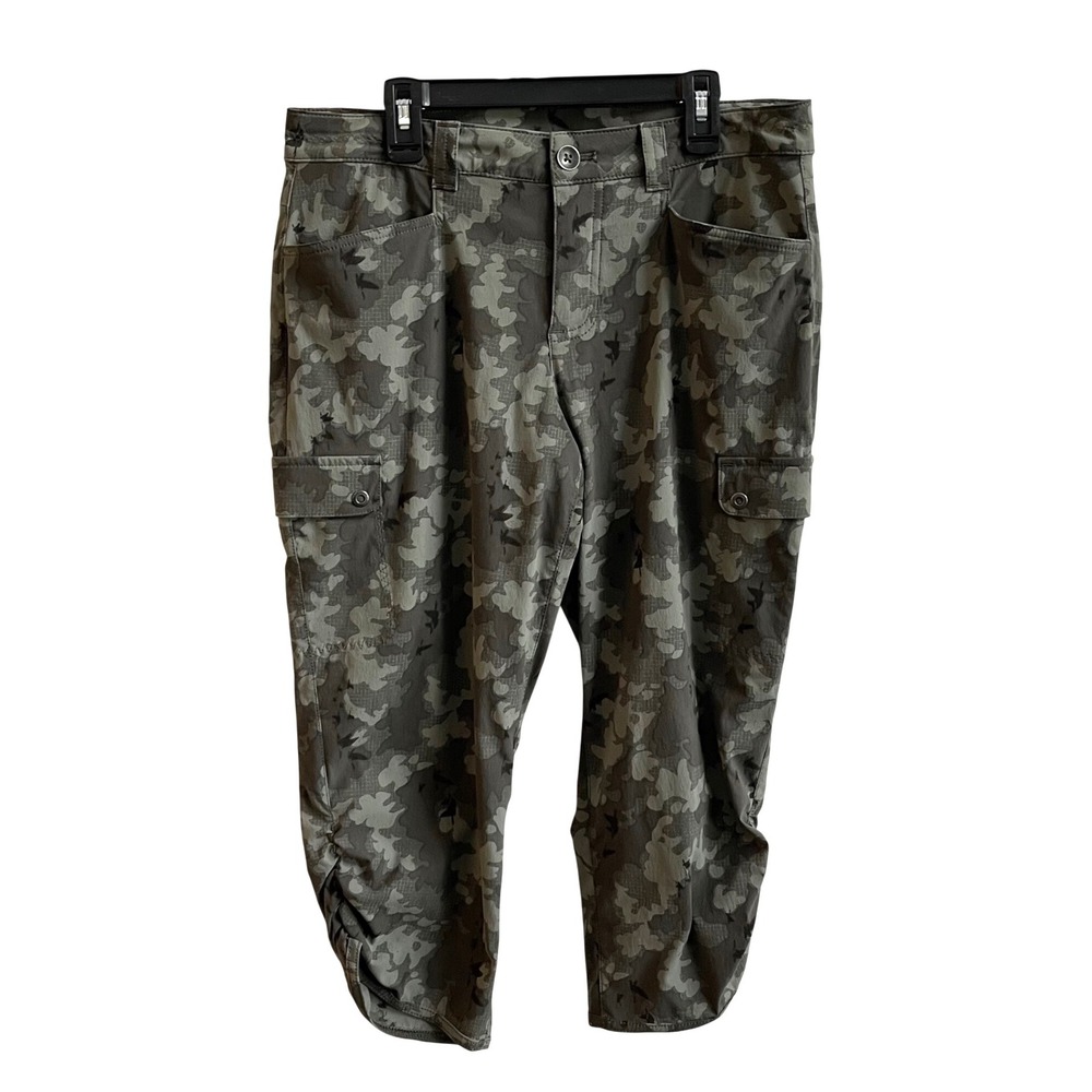 Eddie Bauer Cargo Capri Pants Womens 6 Green Camo Gorpcore Hiking Ruched Stretch